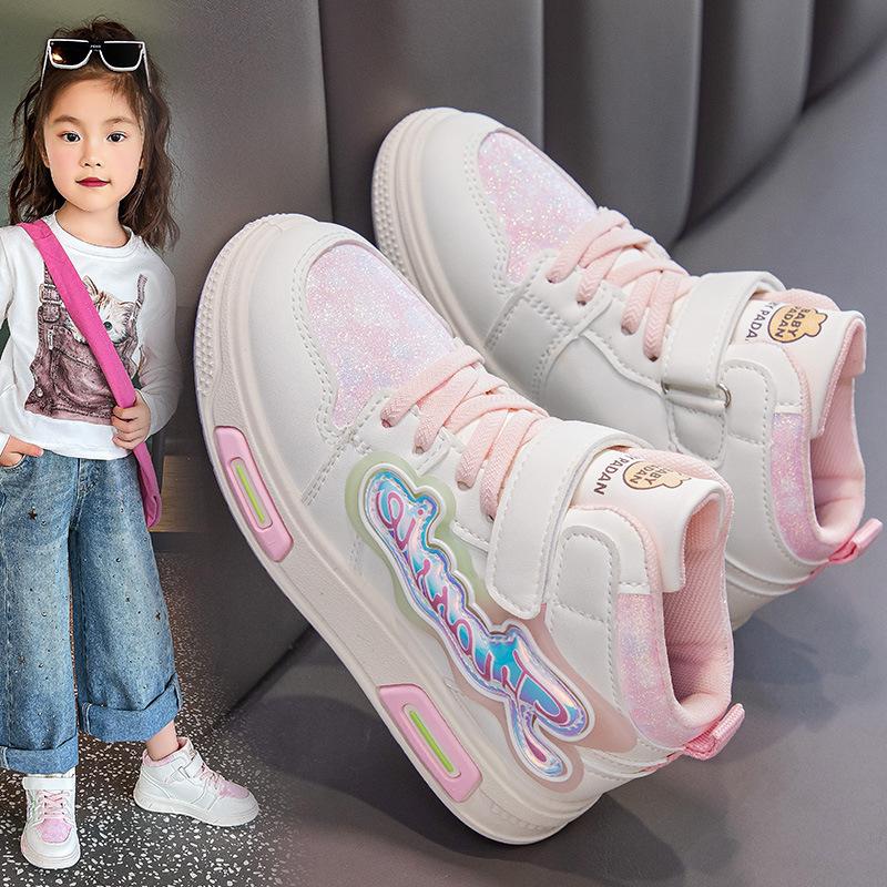 Girls' Sneakers Leather Spring and Autumn All-match Children's Mid-top Casual Soft-soled Running Shoes