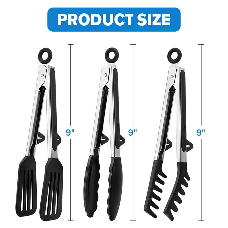3pcs Silicone Kitchen Cooking Tongs Set Stainless Steel Nonstick Food Tongs Non-Slip Cooking Clip Clamp BBQ Salad Grill Tools