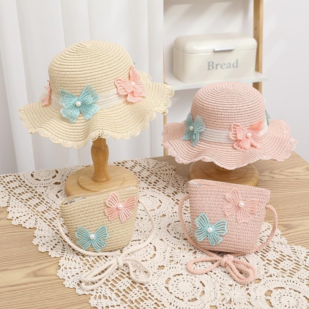 Wide Brim Straw Bag Cap Set Pearl Bow Style Sun Hat Sunscreen Sunshade Hat  for 2-8 Years Kids