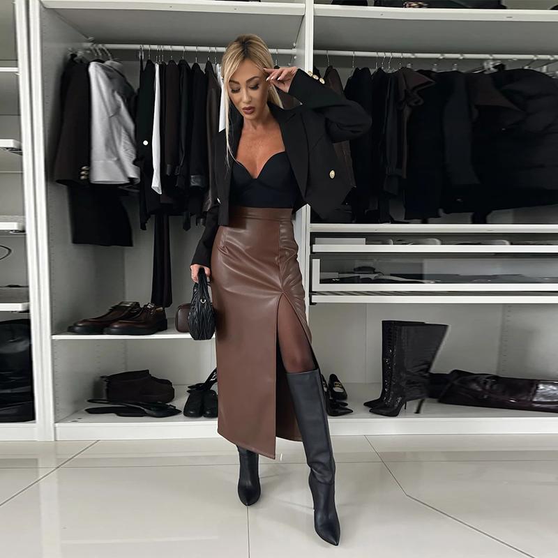 Sexy Split Mid-Length PU Leather Skirt Women's Solid Color Slim Package Hip High Waist Skirts Fashionable Party Ladies Clothes