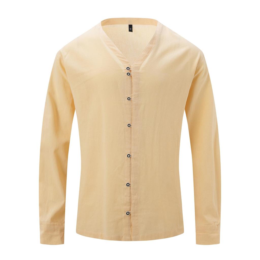 Camicie da Uomo Collo Alto 7 Bottoni Camicia Manica Lunga Tinta Unita Cotone Vintage Taglie Forti Top