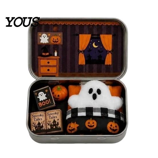 Kids Halloween Party Favor Mini Ghost Tin Box Set, Little Pocket Cute In A Box, Soft Plush Figurine Miniature Scene Spooky Desktop Decor, Gifts