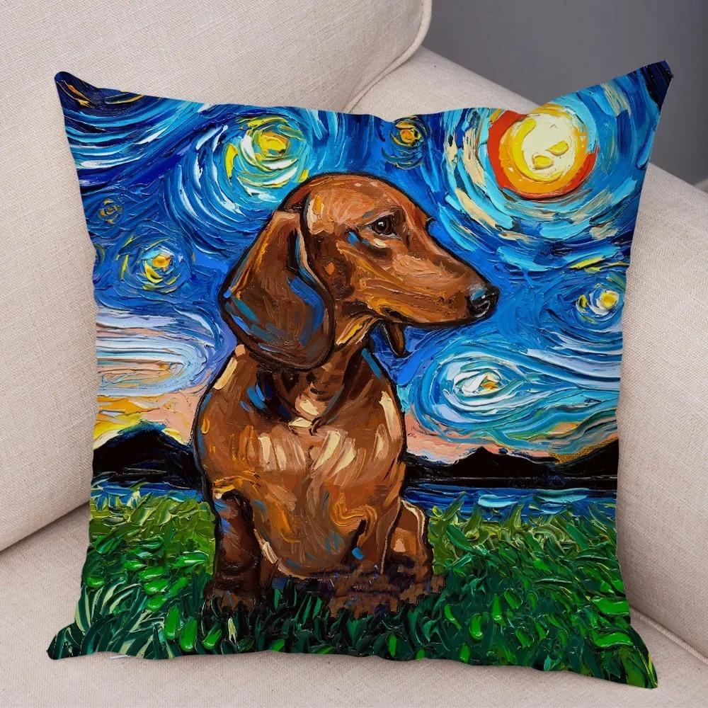 

Красочная масляная живопись Подушка с домашним животным Звездное небо Искусство Мультяшная собака Наволочка Декоративная диванная 50x50cm