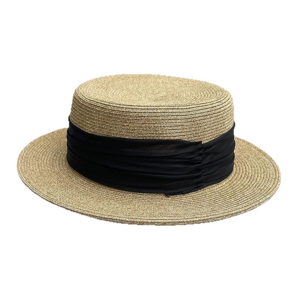 High quality fashion French flat top sunshade straw hat women's seaside vacation sun hat organza pleated elegant top hat