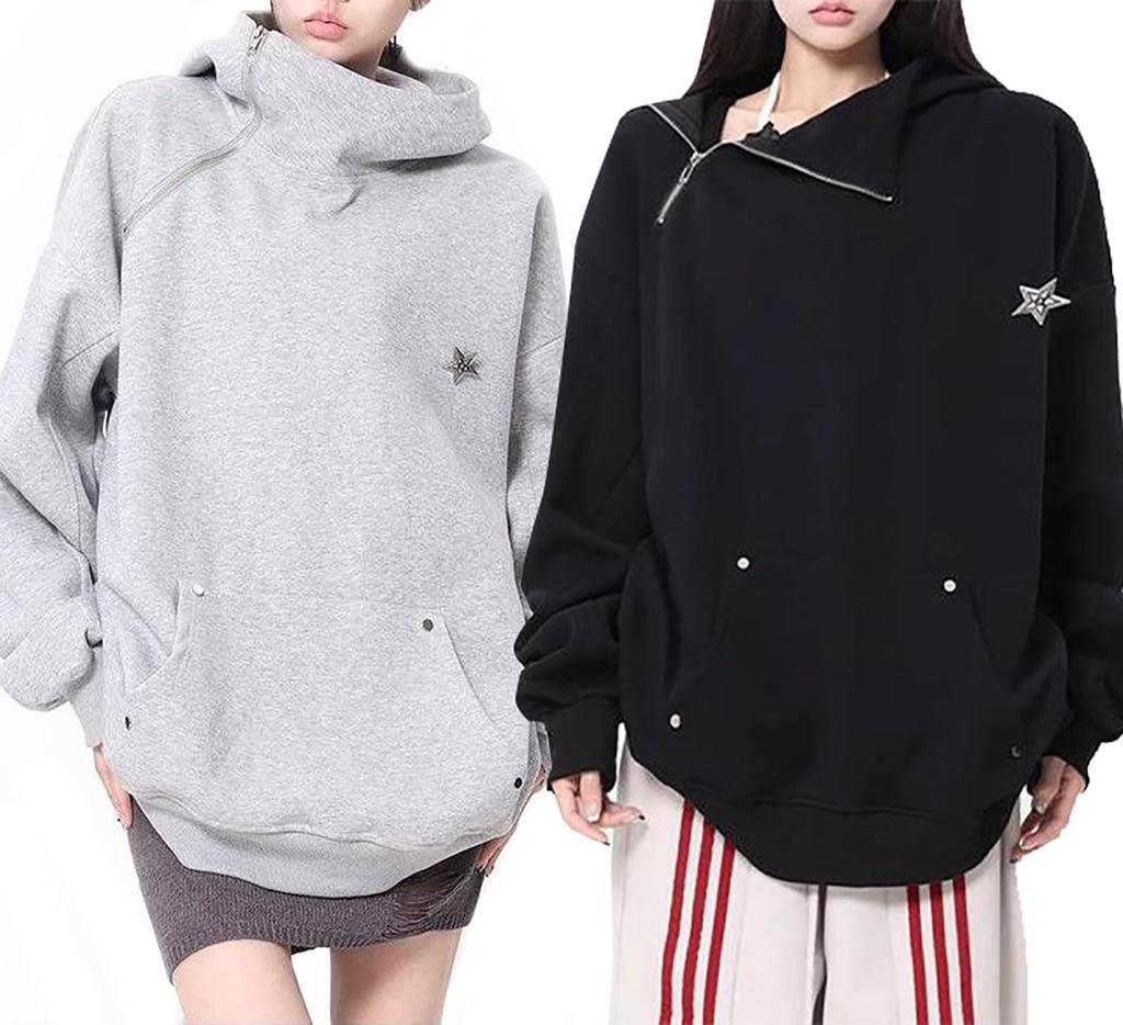 TOWYYO Turtleneck Hoodie with Star Zipper Solid Long Loose Plus Sizes Voluminous Ninja Winter Women's Harajuku-Style Decoration, Closure, Color,
