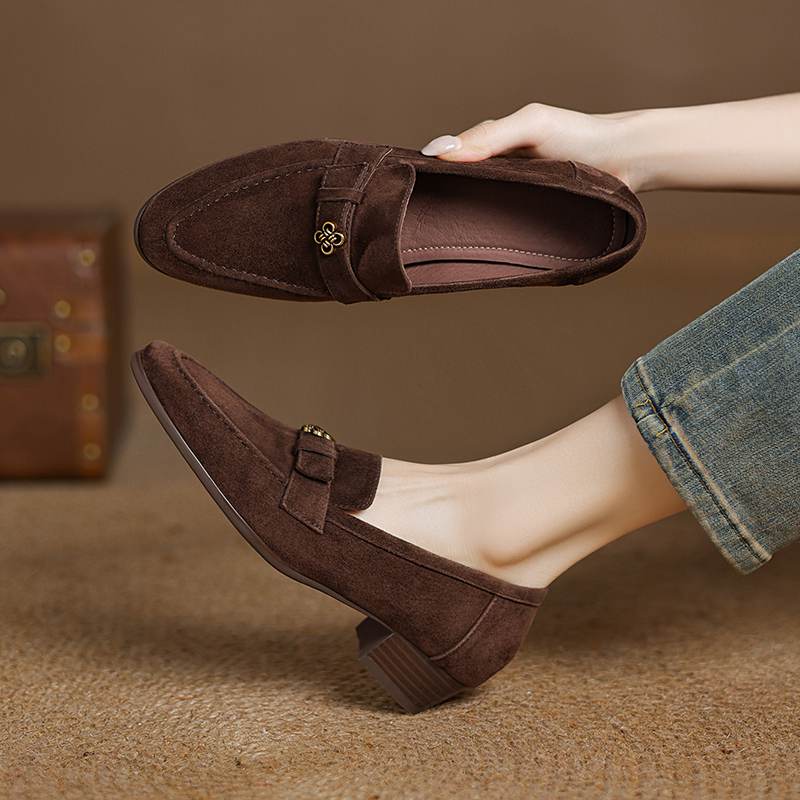 Krazing Pot Sheep Suede Autumn Winter Shoes Metal Decoration Loafers Med Heels Slip On Size 42 Round Toe Slip On Deep Mouth Pumps