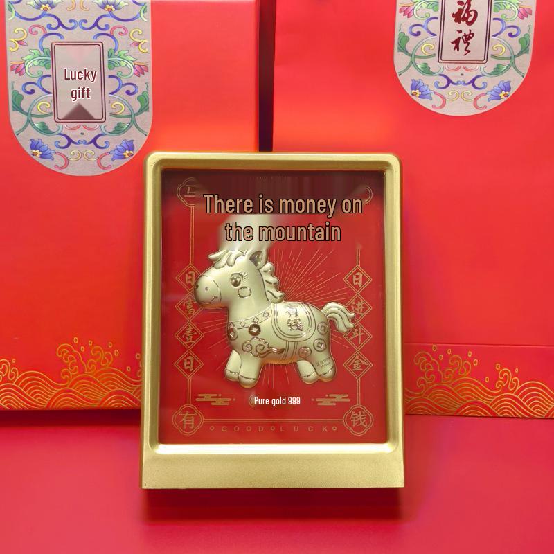 Golden Horse Wealth Flow, 999 Pure Gold Princess Photo Frame, Desktop Ornament Gift Box.