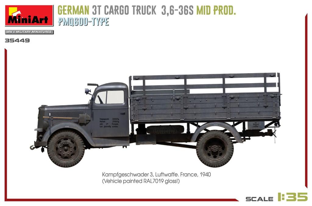 MiniArt German Army Cargo Truck Type PmQ600 Plastic Model Kit MA35449 1/35 WW.II 3-ton 3.6-36S Mid-Production