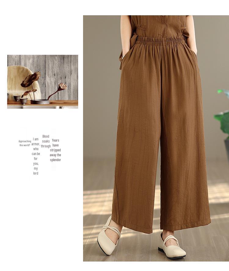 Women's Large Size Tencel Cotton-Linen Summer Suit: Slimming Round Neck Top & Wide-Leg Pants Two-Piece Set