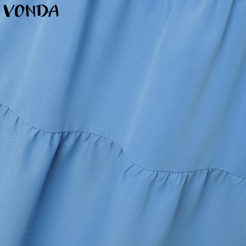 VONDA Women Round Neck Sleeveless Ruffled Casual Swing Pleated Dress