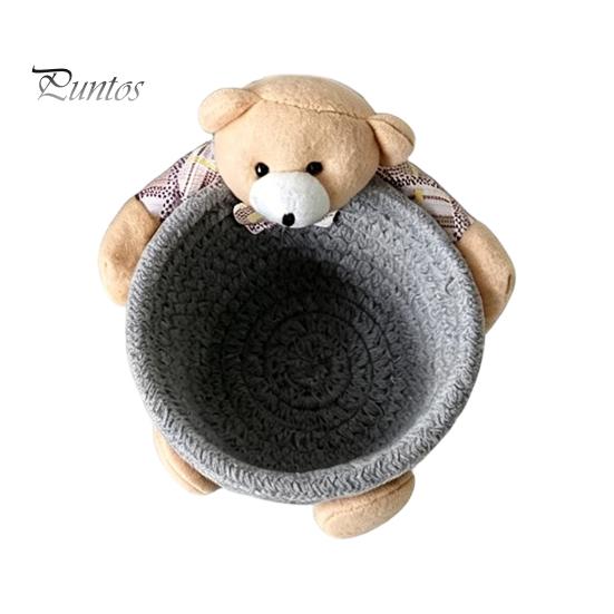 Gentle Color Storage Basket Desktop Basket, Cartoon Plush Bear And Rabbit Rope Decorative Plaid Bow Organizer Shape, Woven for Small Items Jewelry