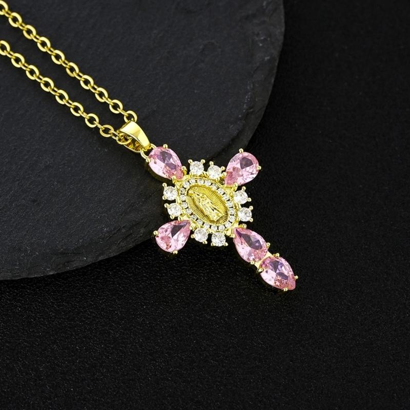 Crucifix Pendant Necklace Unique Cross Maria Charm Clavicle Chain Adjustable Choker Ethnic Style Jewelry Accessory