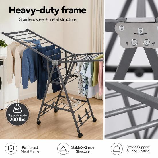 Space Saving Drying Rack Heavy Duty Foldable Floor-standing Clothes with Wheels & Shoe Rack Wing Type Sturdy 200lbs Capacity Portable Collapsible