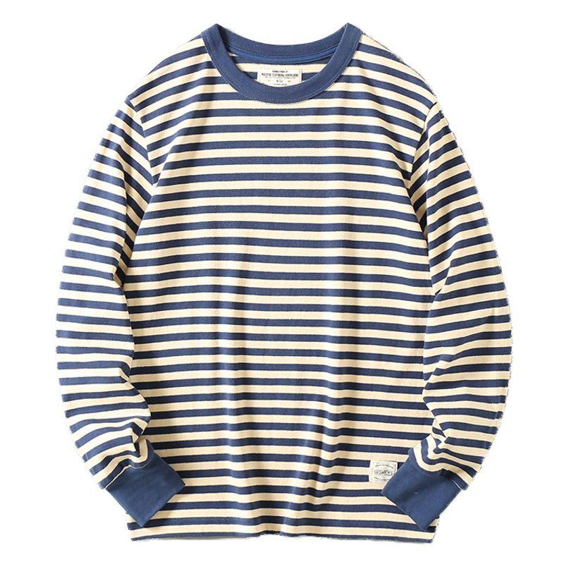 and Autumn Heavy Weight Cotton Navy-Striped Shirt Men's Long-Sleeved T-shirt Cotton Retro Blue and White Stripes Loose Bottoming Shirt Tops Tide
