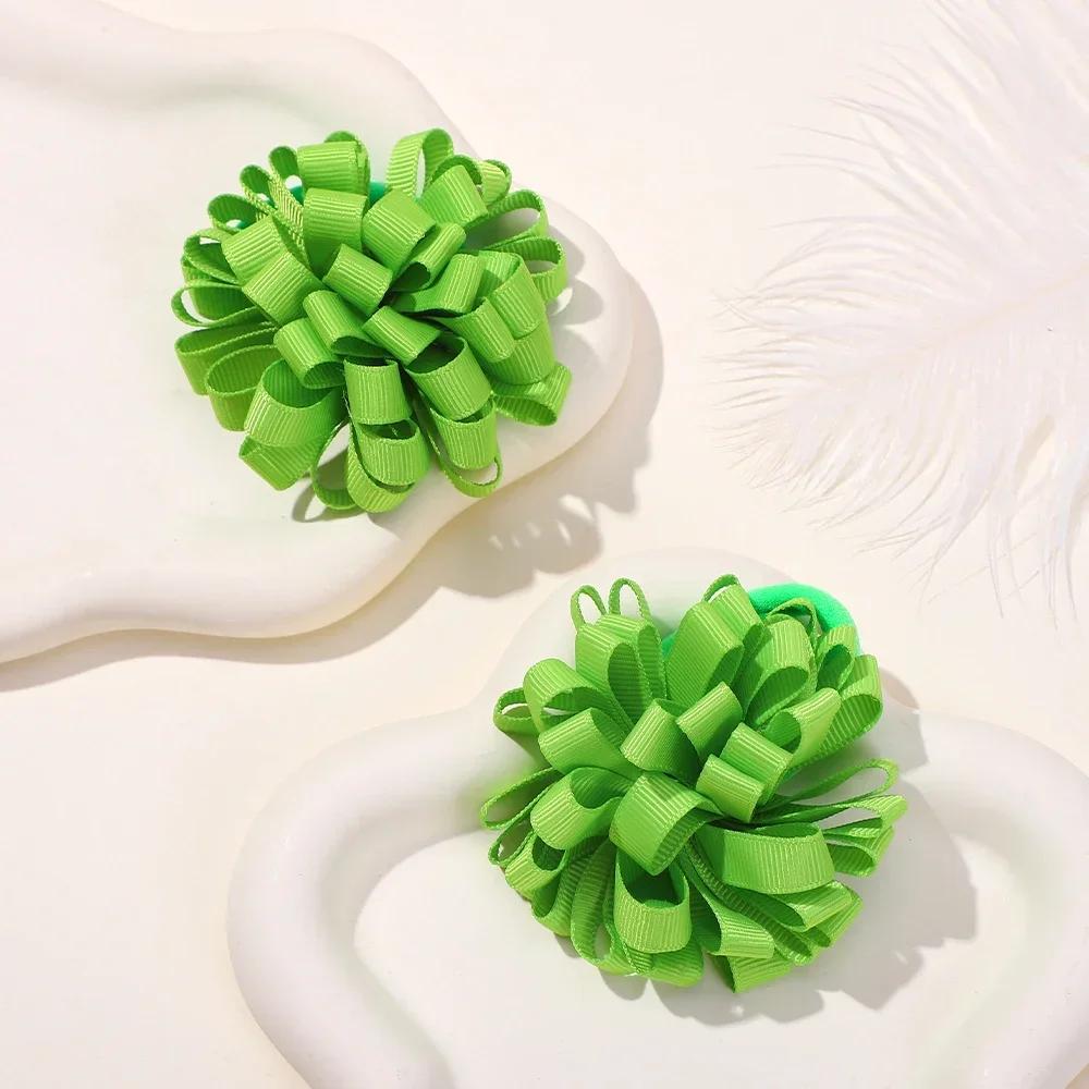 2pcs/set 2.76'' Elastics Ribbon Flower Ball Hair Band for Girls Princess Big Grosgrain Hairrope Pretty Hair Tie Accessories Gift