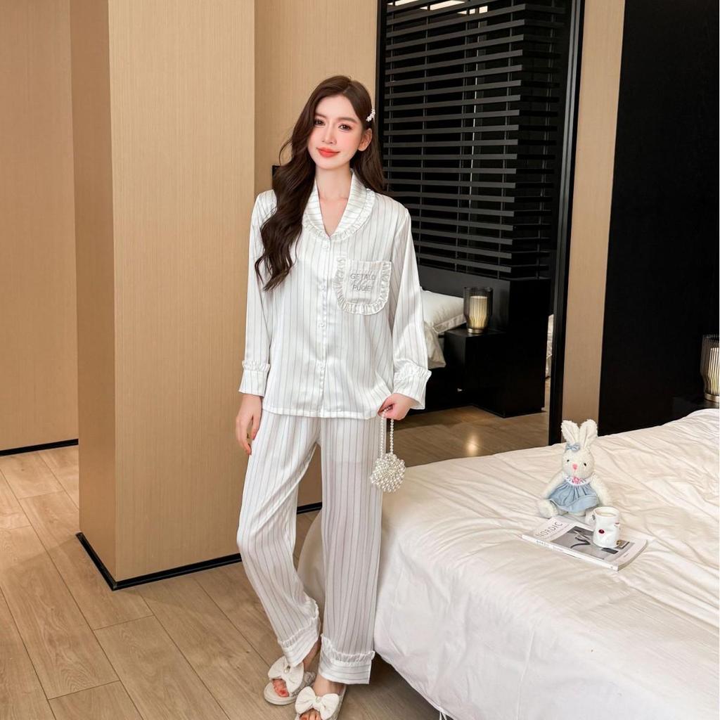2025 Autumn Women's Casual Striped Pajamas: Loose, Simple Korean Style for In-Home or Outdoor Wear