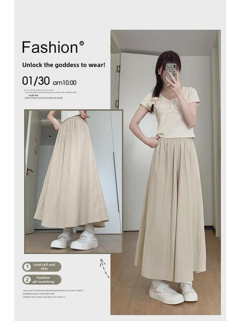 2025 Summer Women's Blue A-Line Pleated Midi Skort with High Waist and Wide-Leg Design