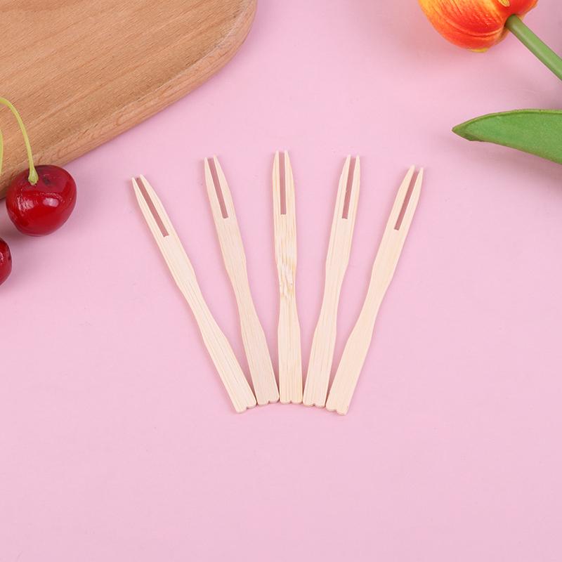 100Pcs Disposable Bamboo Fork Two-Tooth Fruit Fork Catering Household Fruit Fork
