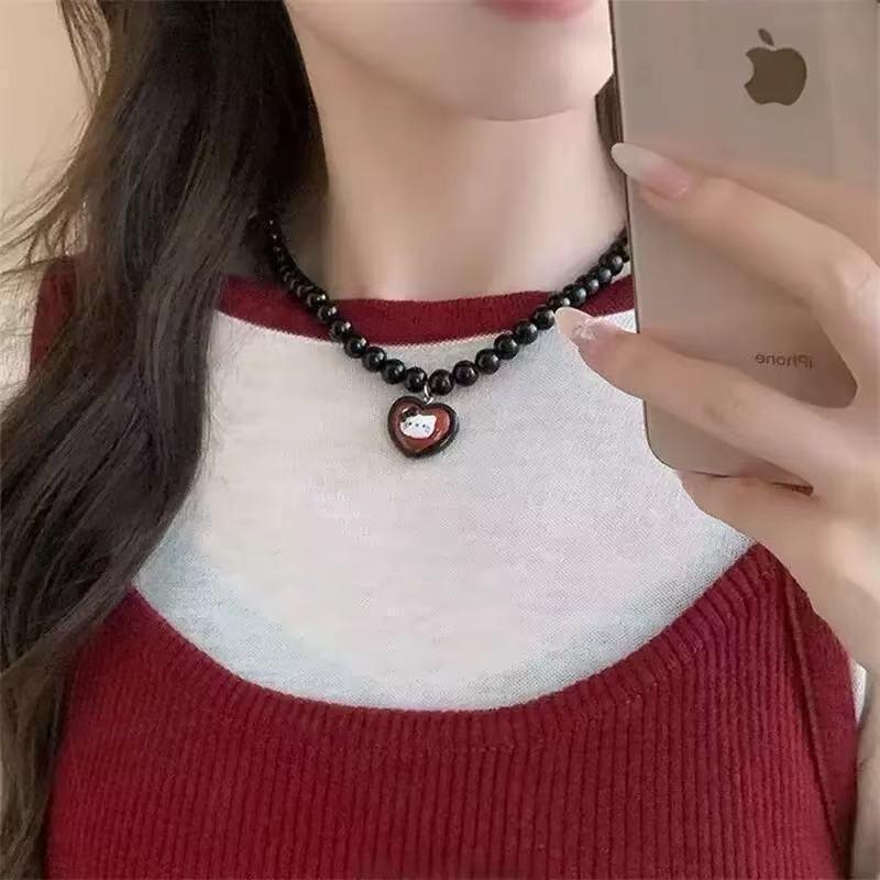 Sweet cool wind~ retro niche design dark kitty cat cartoon cute beaded necklace collarbone chain sweater chain