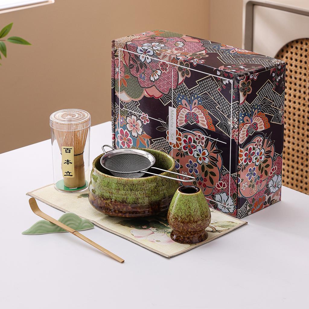 Japanese Matcha Tea Set Ceramic Chawan Bowl Whisk Holder Scoop Spoon Sieve Gift Traditional Tea Ceremony Kit for Home Restaurant