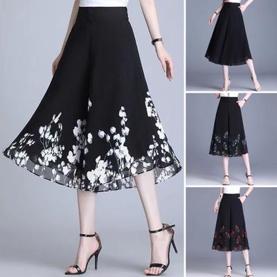 Women Cropped Pants Wide Leg Thin Chiffon Trousers Elastic High Waist Flower Print Loose Fit Streetwear