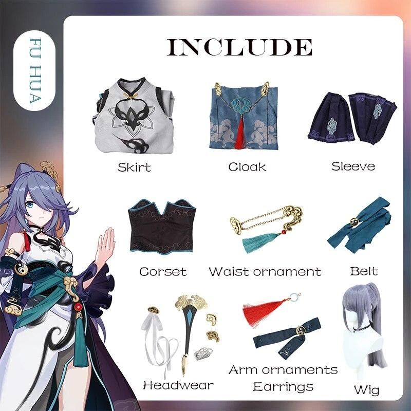 Game Impact 3 Cosplay Fu Hua Cosplay Costume Wig Dress Uniform Full Set FuHua Halloween Party Costume for Women Girls