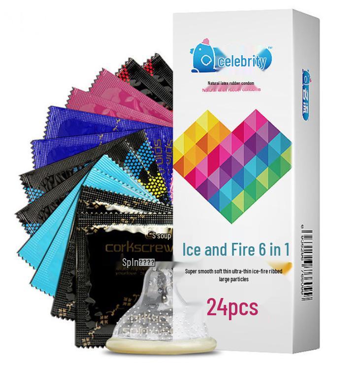 Celebrity Ultra-Thin G-Spot Condoms, Ice & Fire Combo, Small Size, Large Particles, Black