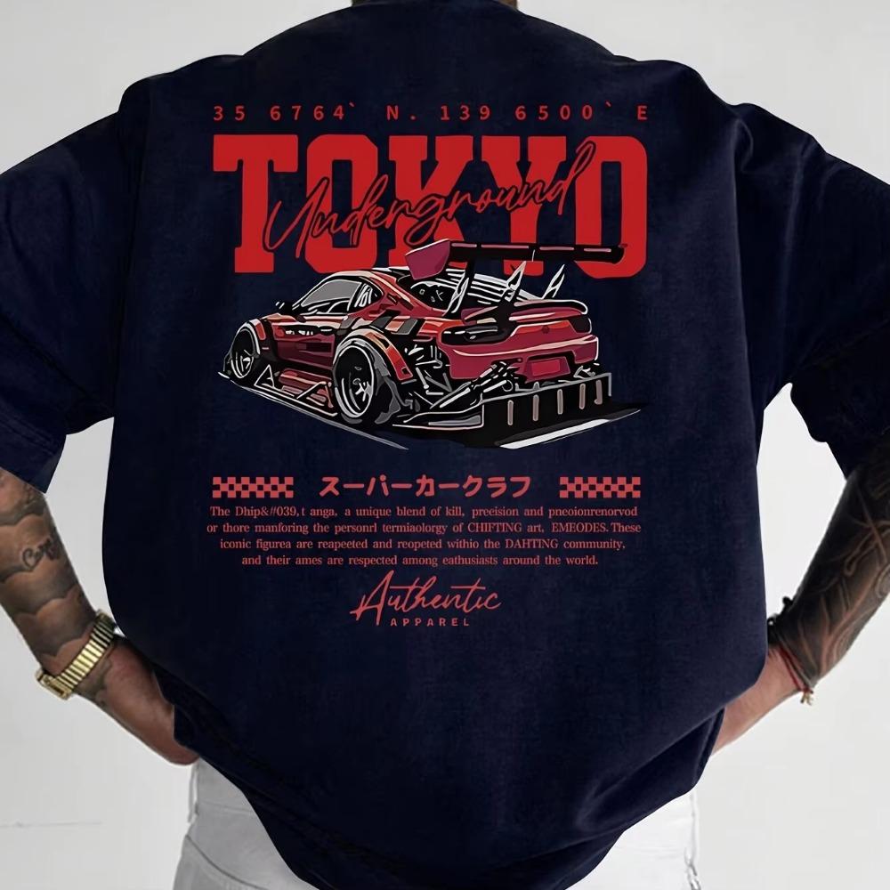 Men's Summer 100%  Fashionable Casual Loose Large Size Japanese Tokyo Pattern Printed Round Neck Short Sleeve T-shirt Top