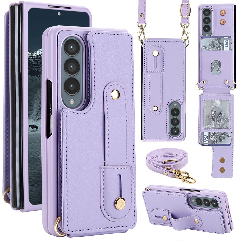 For Samsung Galaxy Z Fold4 5G Case Kickstand Card Slots Leather Coated TPU Cover with Shoulder Strap