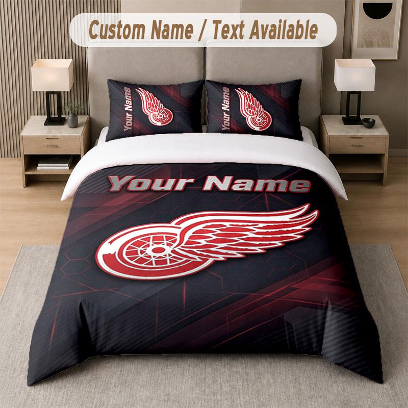 Custom Bedding Set Detroit Red Wings Pattern, Print Name Text 1 Duvet Cover Plus 2 Pillowcases Home Textile