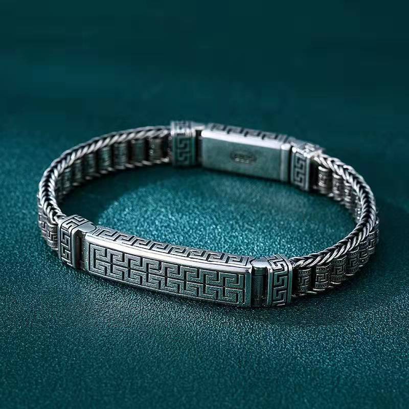 S925 Silver Braided Bracelet Men 'S Tide Thai Silver Retro Everything Personality Back Word Pattern Warp Bracelet Men 'S Style