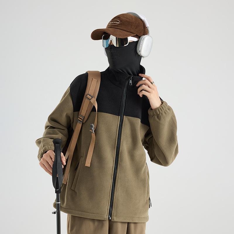 Autumn and Winter Graphene Heating Warm Fleece Jacket with Spliced Men's Stand Up Collar Jacket, Casual Windproof and Warm Jacket