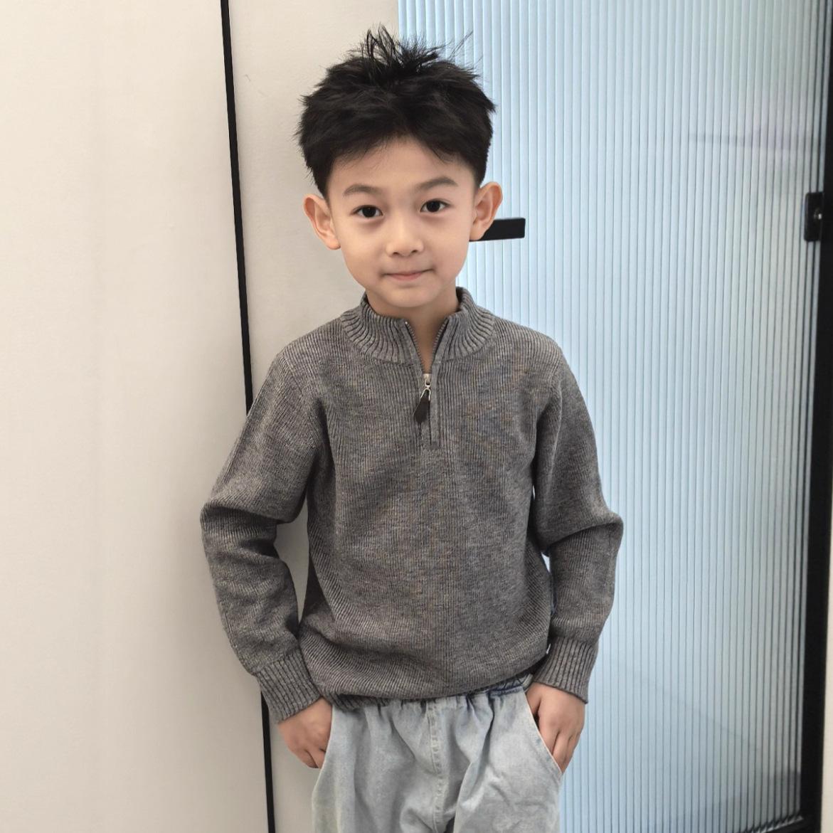 Kids Autumn Winter Half Turtleneck Zipper Stripe Knit Sweater Unisex Loose Pullover Base Layer Top 90
