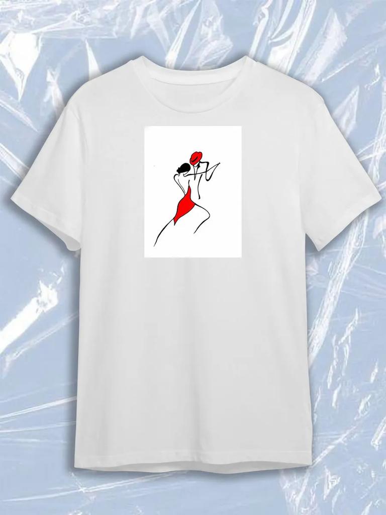 TeeSensation White Crew Neck Short Sleeve T-Shirt with Minimalist Line Art Dancing Couple In Red Dress Print