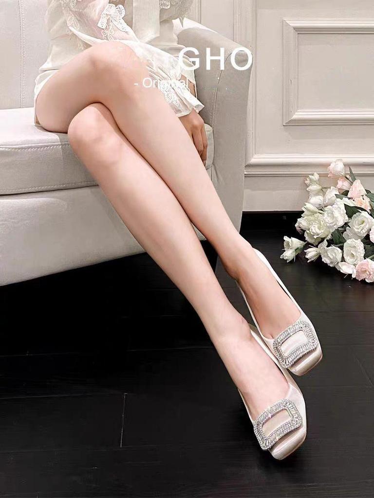 Women's 2025 Spring/Autumn Square Toe Rhinestone High Heels with French Satin Buckle