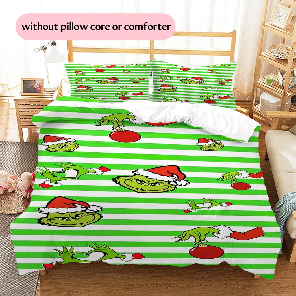 1 Stück Grinch-Muster Bettwäsche Steppdecke Set Bettbezug Kissenbezug Heimdekoration Geburtstagsgeschenk (1 Bettbezug + 2 Kissenbezüge, ohne Füllung)