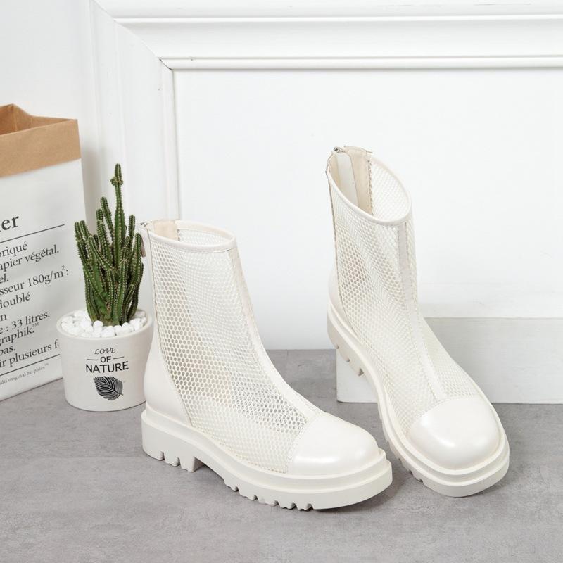 Dámská móda Krátké kozačky Jednobarevné S kulatou špičkou na tlustém podpatku Nízkobílé černé boty se síťovinou