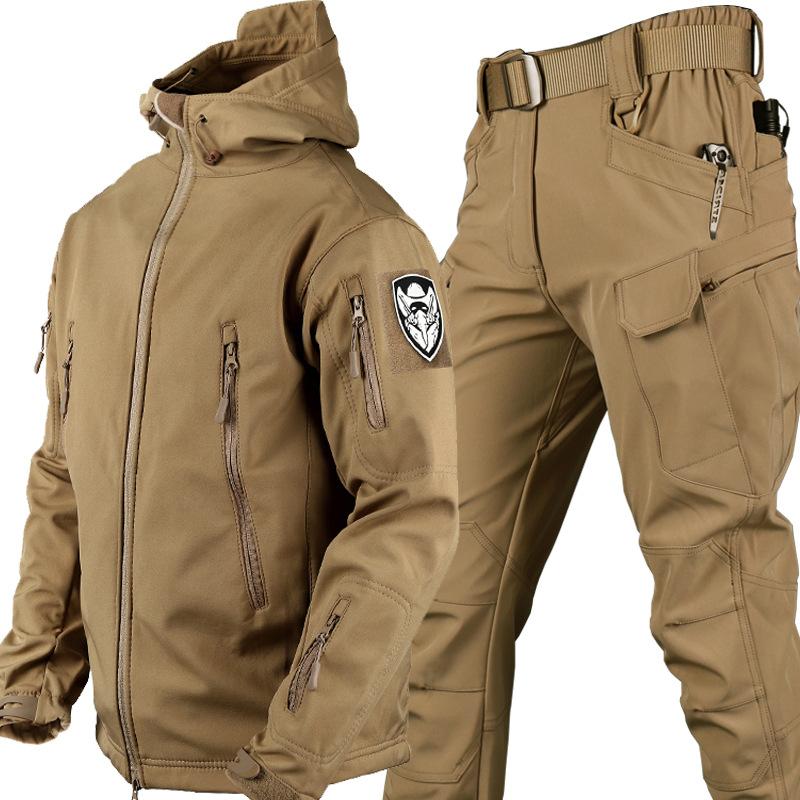 Autumn and winter tactical shark skin soft shell jacket suit men's outdoor camouflage training velvet warm windproof mountaineering suit