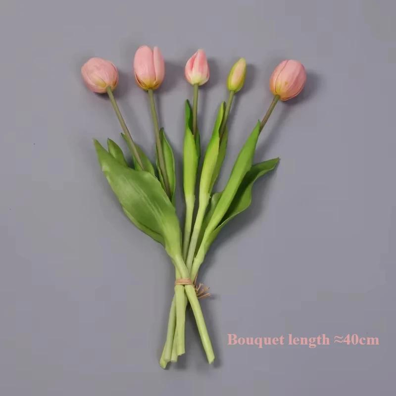 5pcs Artificial Flowers Soft Tulip Fake Flower Real Touch Home Garden Table Wedding Decoration Simulation 5-Head Tulips Bouquet