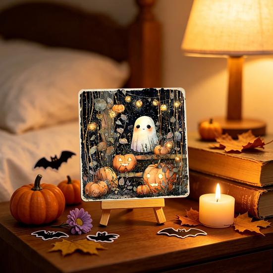 Holiday Gift for Autumn Lovers Halloween Wood Tabletop Sign with Mini Easel, Cute Pumpkin Ghost Decorative Plaques Cafe Plaque, Rustic Ornament