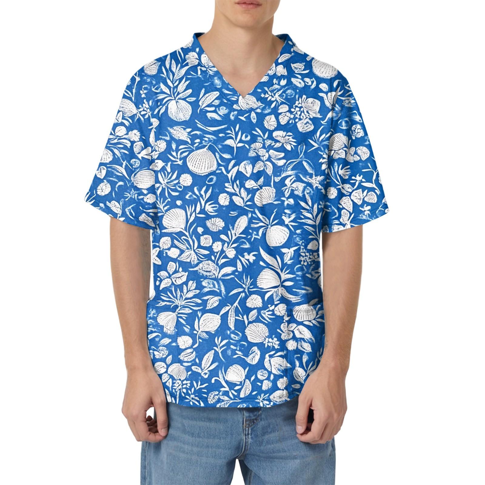 Мужская рабочая блузка с короткими рукавами и v-образным вырезом с принтом топ с нагрудным карманом L синий 1469₽