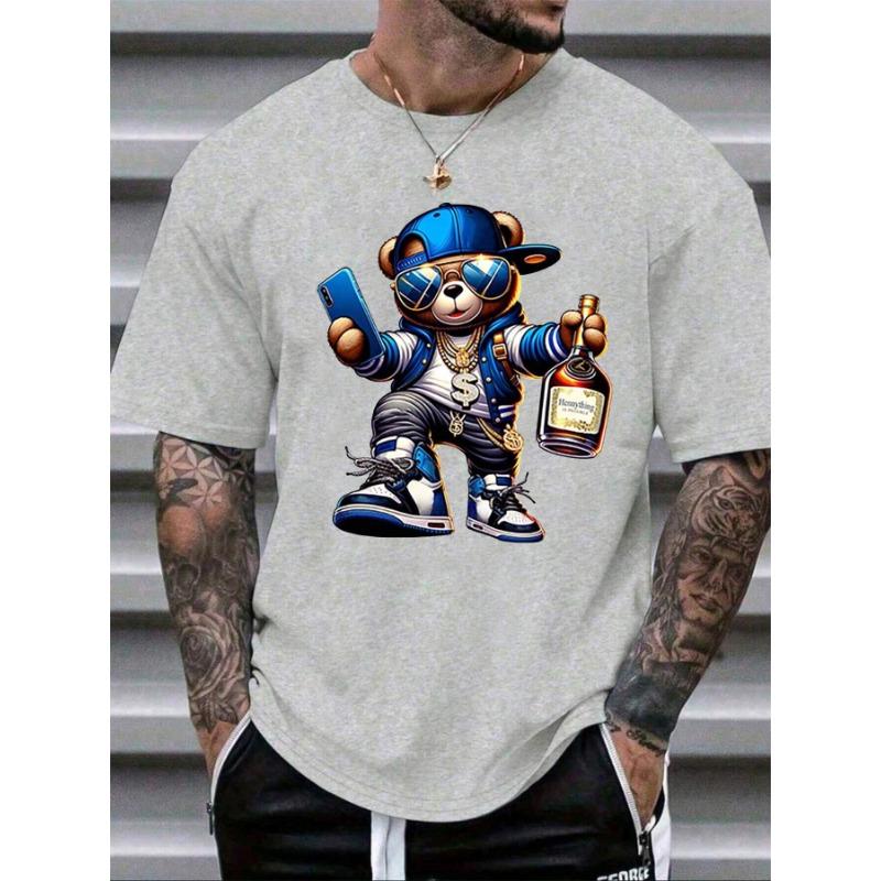 

Чоловіча літня модна повсякденна футболка вільного крою великого розміру з принтом мультяшного ведмедика, спортивна з круглим вирізом та коротким рукавом S