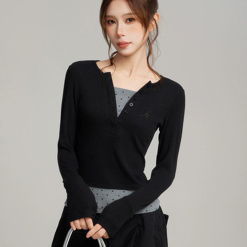 Autumn Pure Desire Style Spicy Girl Pure Cotton Short Sleeved T-shirt for Women Slim Fit Slimming Design Fake Two-piece Top T-Shirts Women’s