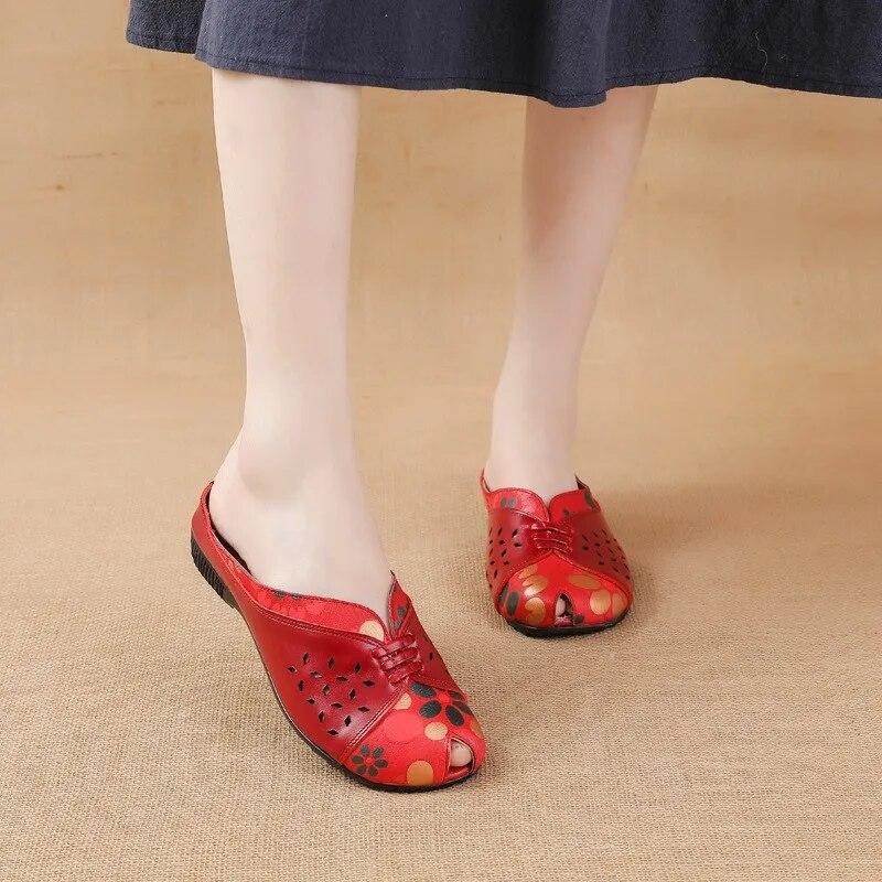 Johnature Ethnic Style Printed Genuine Leather Outdoor Slides Women Versatile Handmade Low Heeled Slippers