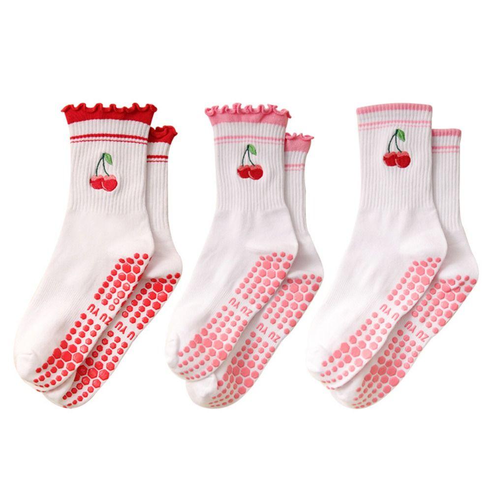 New Cotton Pilates Socks Harajuku Street Sweat-absorbent Cherry Embroidery Socks Breathable Casual Mid Tube Socks
