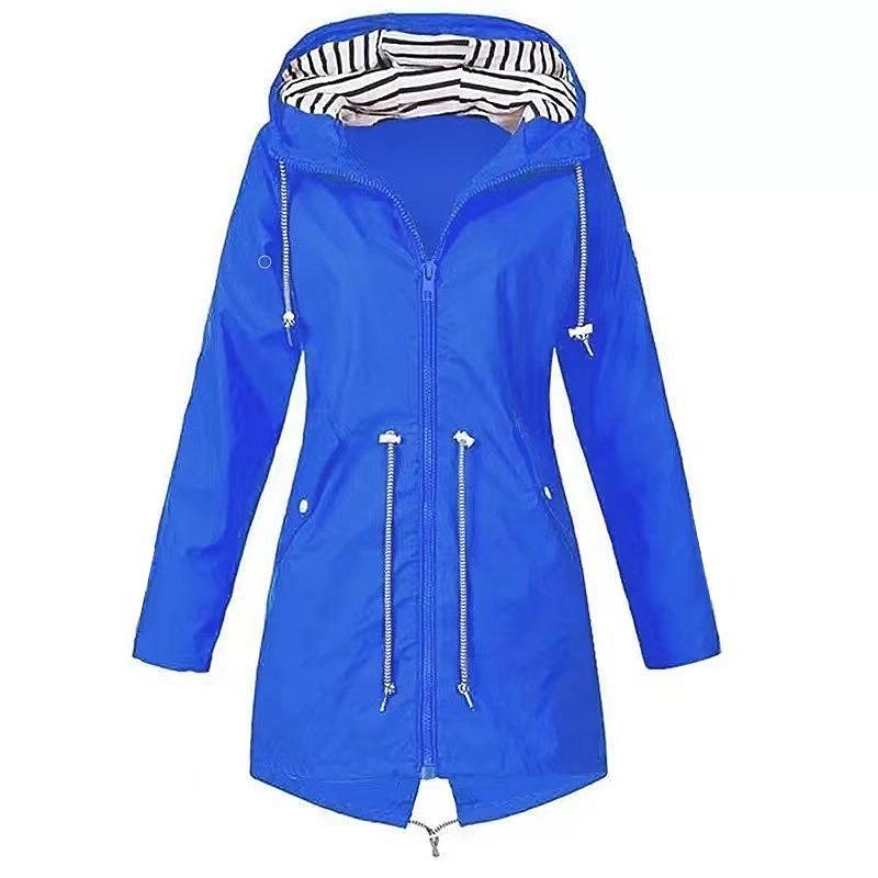Red Waterproof Hooded Jacket Women Fashion Casual Coat Waist Drawstring Tie Zipper Switch Blue Green Yellow Black Windbreaker