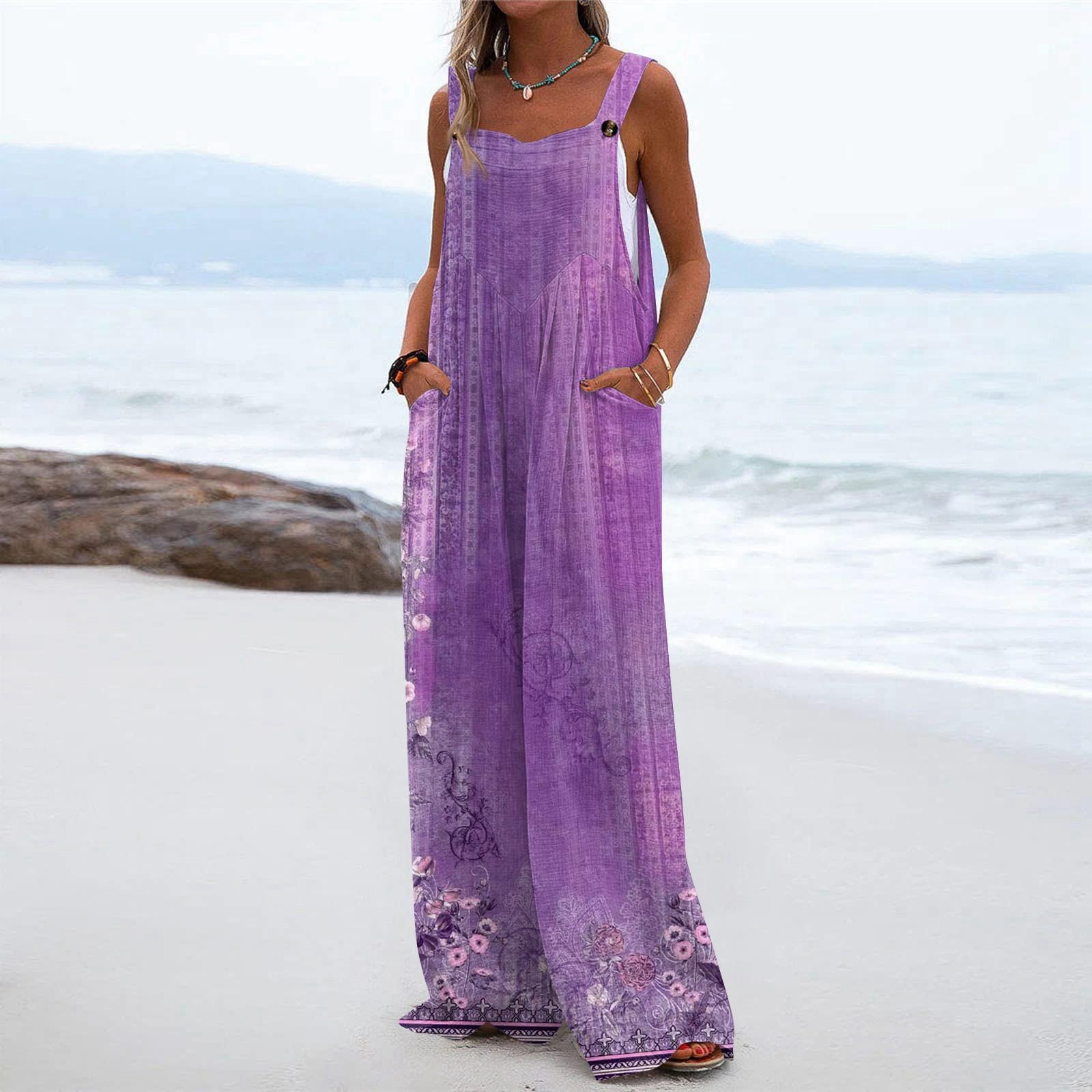 

Жіночий модний повсякденний вільний комбінезон без рукавів із принтом і кишенями XXL фіолетовий