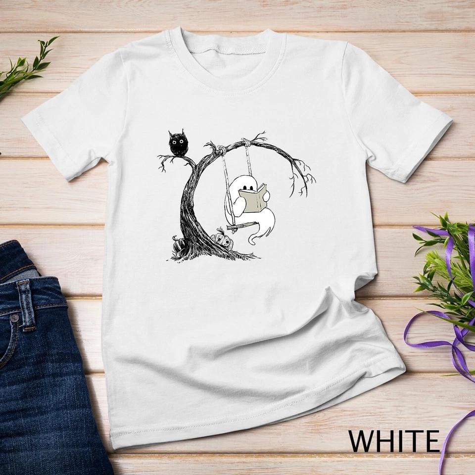 Cute Ghost swinging reading book Halloween ghost costume T-Shirt Unisex T-shirt 2 S