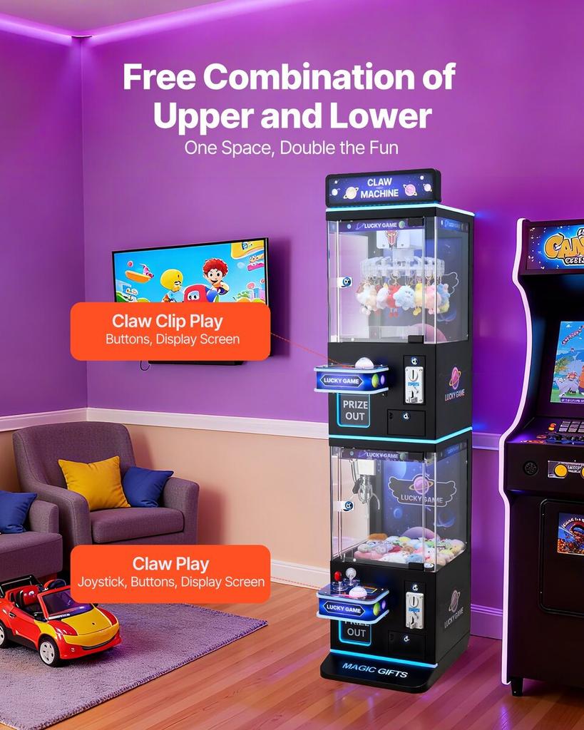 Claw Crane Machine, Medium-Sized Arcade Game Machine with Claw + Grabber Double-Layer, Light & Sound, Toy Candy Grabber Prize Dispenser Vending Toy,