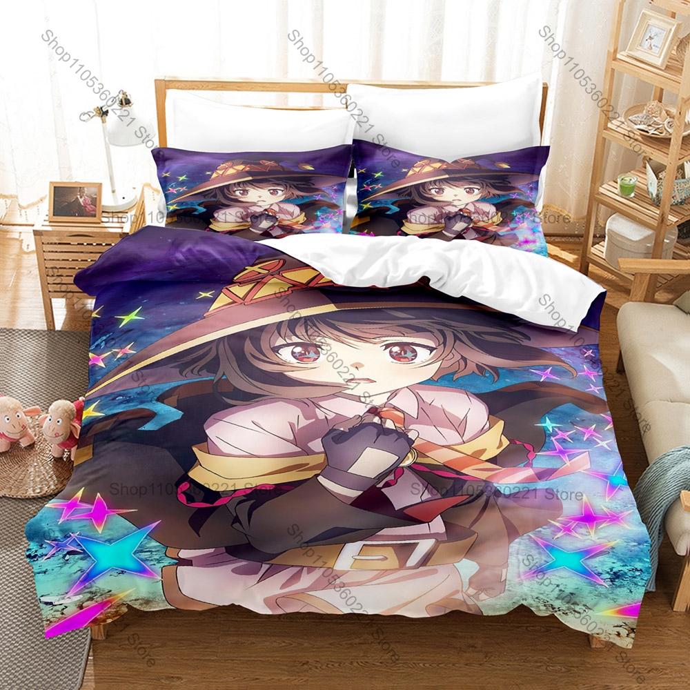 Cool Megumin Konosuba Duvet Cover + 2 Pillowcases Kazuma Aqua Darkness Collage Print Soft Quilt Cover Set New Anime Bedroom Deco